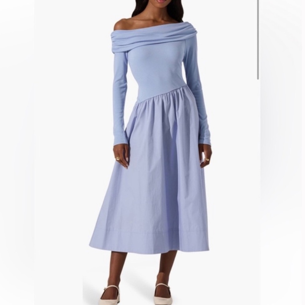 ASTR The Label Mixed Media Off The Shoulder Dress | Blue | Medium - Picture 2 of 7